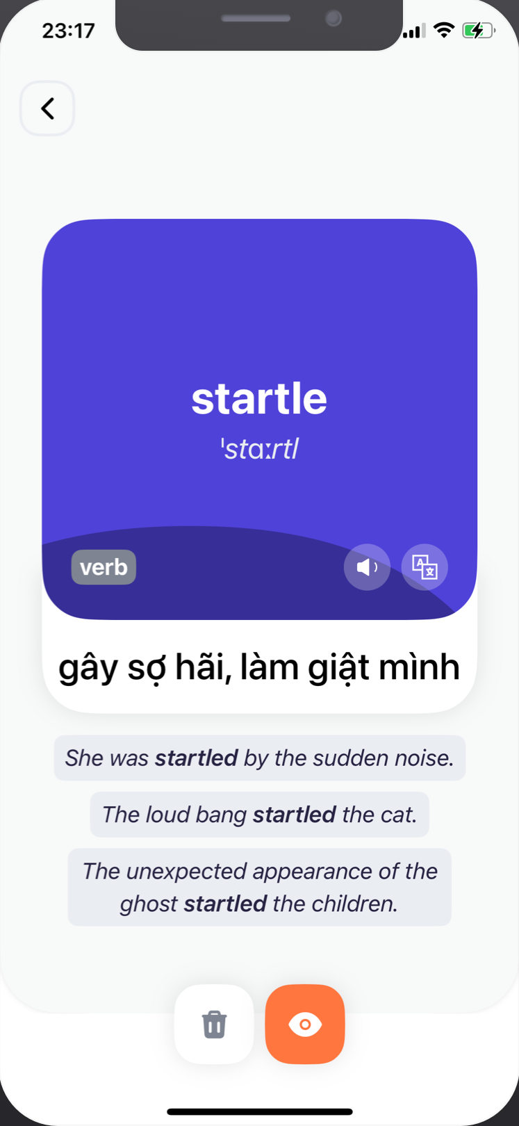 A Wordnote flashcard showing pronunciation, meaning and examples