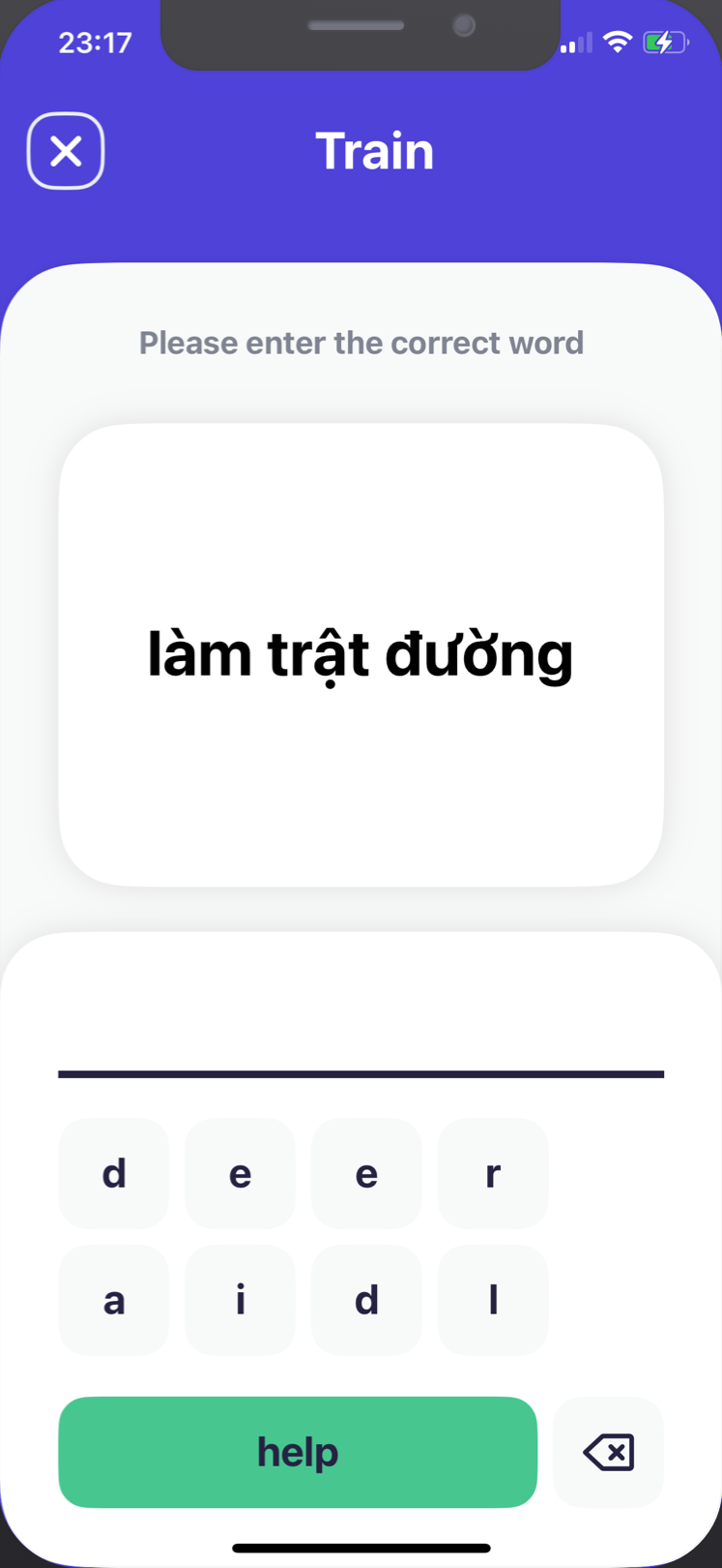 A Wordnote practice session asking you to spell a word