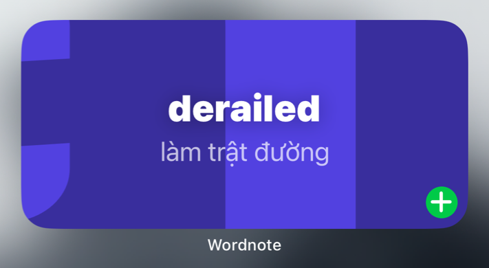 A Wordnote widget on an iPhone Home Screen showing the word “derailed”